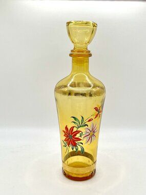 Vintage Mid Century Amber Glass Decanter Floral Bottle Barware MCM Retro Boho